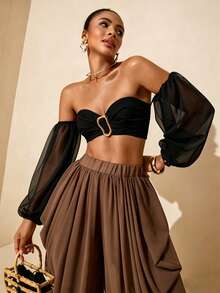 Vesra Women's Off-Shoulder Metal Buckle Decorated Blouse - Black - View 4