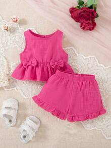 SHEIN Đứa bé gái Nơ mặt trước Xù Hoa Sen Áo ba lỗ & Xù Hoa Sen Quần short - Màu Hồng Tươi - Xem 1