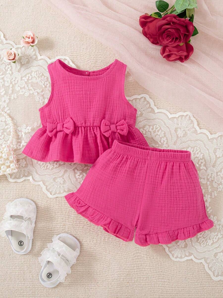 SHEIN Đứa bé gái Nơ mặt trước Xù Hoa Sen Áo ba lỗ & Xù Hoa Sen Quần short - Màu Hồng Tươi - Xem 1