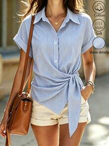 GlowEve Women's Striped Pleated Casual Versatile Daily Wear Shirt - Blue - View 4