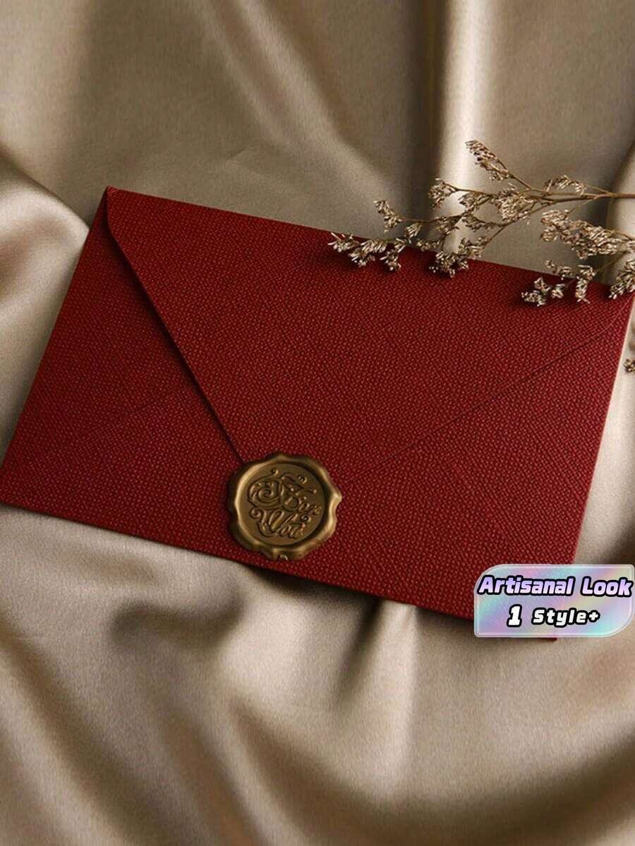 SHEIN 1Set Envelope And Wax Seal Jute Texture Vintage Chinese Style Pattern For Invitation Postcard Wedding Party Festival Celebration Handmade Elegant Sealing Kit Formal Event Gift Wrapping Antique Design - Red - View 1