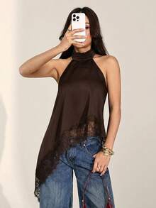 SHEIN PETITE Áo hở lưng, cổ yếm, phối ren, vạt lệch gợi cảm, thích hợp cho mùa hè. - màu nâu - Xem 5