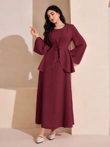 Graceveil 女士纯色系带腰部不对称下摆无袖连衣裙，搭配优雅两件套 - 酒紅色 - 查看 5