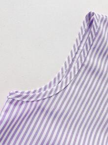 SHEIN 2件套少女无袖条纹编织背心，饰有蝴蝶结，搭配松紧腰宽松短裤，夏季套装 - 紫色 - 查看 5