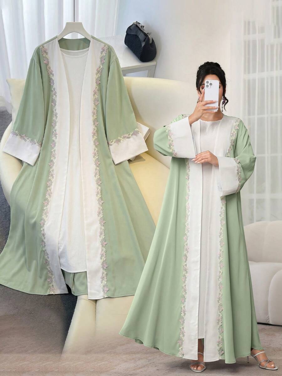 Al Najma 时尚优雅的彩色花卉饰边翻领拼接喇叭袖长袍外套 - 綠色 - 查看 1