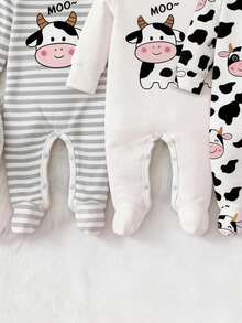 SHEIN 1 bộ áo liền quần dài tay in hình bò hoạt hình ấm áp, dễ thương cho bé sơ sinh, unisex, giao hàng ngẫu nhiên trong hộp kín. - Nhiều màu - Xem 3