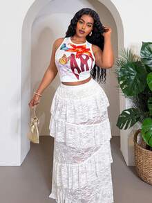 Slaydiva Bộ đồ mùa xuân/hè mới gồm áo tank top không tay ôm sát in hoa và chữ, kết hợp với chân váy ren voan nhiều lớp màu trắng, thích hợp cho kỳ nghỉ, lễ hội âm nhạc, bãi biển, mặc hàng ngày, lễ hội hóa trang, gợi cảm, tắm nắng, hợp thời trang, ngọt ngào, dễ thương, giản dị. - Nhiều màu - Xem 6