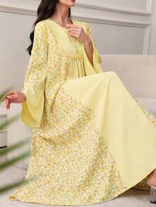 Lacomfia Vestido holgado con cuello redondo, lazo, mangas acampanadas y estampado de colores contrastantes, para primavera y verano - Amarillo - Ver 5