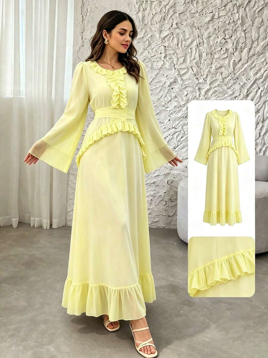Modelyn Đầm nghỉ mát thanh lịch, sang trọng, cổ bèo nhún, thắt eo, tay dài, dáng xòe.