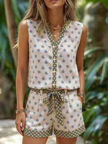 Balvessa Conjunto de 2 piezas de top sin mangas con cuello en V y botones delanteros casual para vacaciones y salidas diarias + pantalones cortos con cinturón elástico en la cintura y estampado, para vacaciones de verano - Multicolor - Ver 8