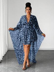 Maweii Plus Size Women Leopard Print Deep V-Neck Ruffle Hem Sexy Dress - Blue - View 3
