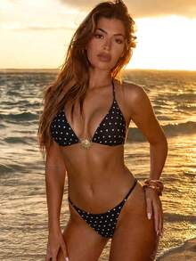 Swim SXY Bộ bikini 3 mảnh gợi cảm màu đen trắng chấm bi với phụ kiện kim loại, kiểu cổ yếm và hở lưng, thích hợp cho kỳ nghỉ hè. - Đen và trắng - Xem 3