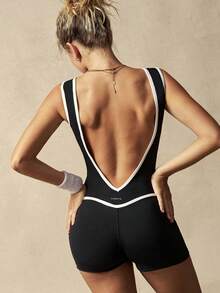 VARSIVA 女士休闲拼接撞色运动连体衣，适合日常穿着 - 黑與白 - 查看 8