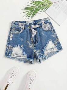 Breezaya Quần short denim rách họa tiết hoa mùa hè dáng rộng, cỡ lớn. - Màu xanh lam - Xem 5