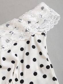 Sweetra New Summer French Polka Dot Romantic Elegant Commuter Fashion Outfit, Lace Bow Off Shoulder A-Line White Mini Dress For Women - White - View 5