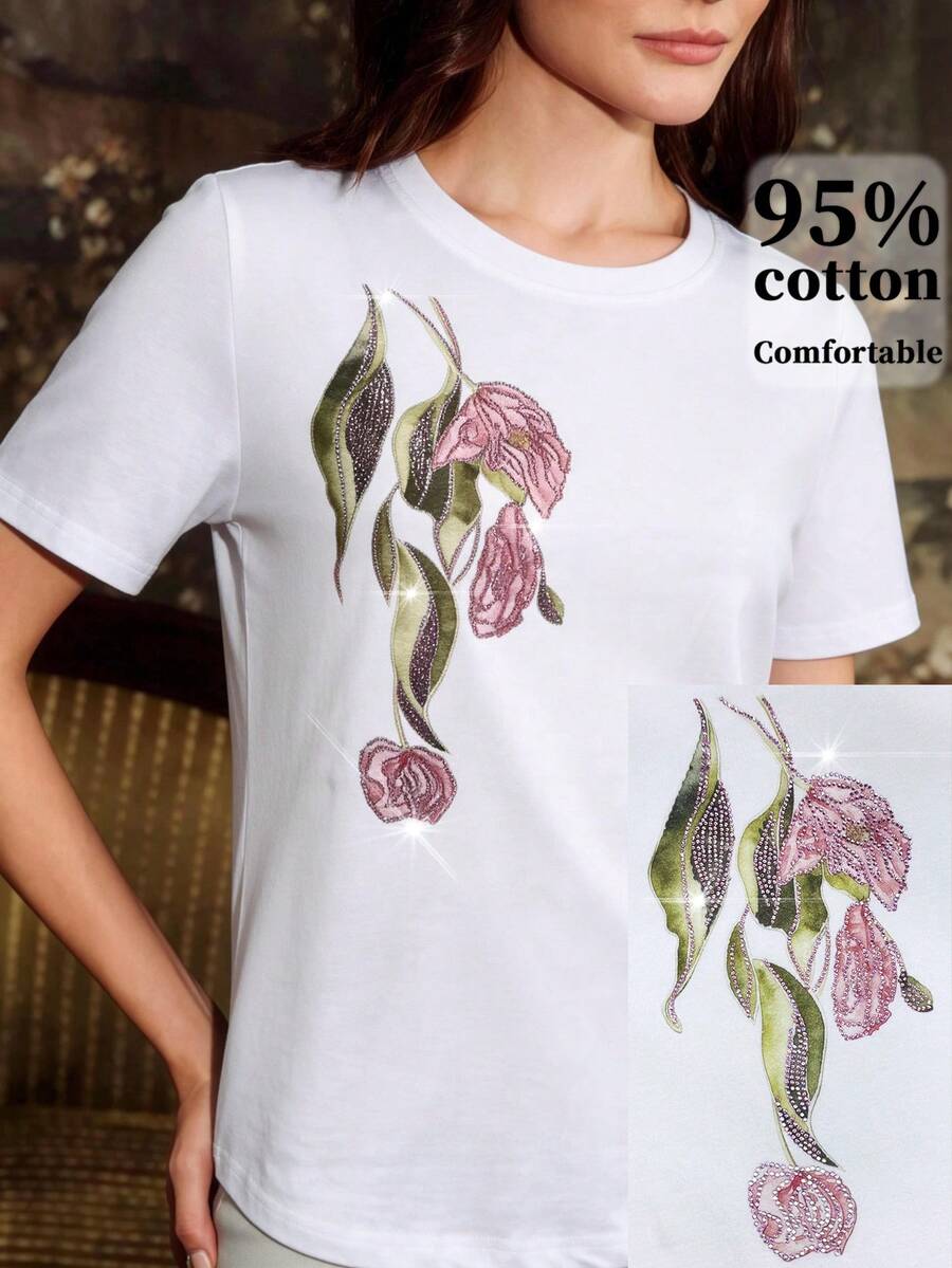 Anewsta Áo thun ngắn tay nữ in họa tiết hoa, kiểu dáng thường ngày, đa năng. - trắng - Xem 1