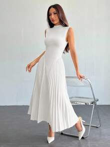 SHEIN PETITE 女士优雅褶皱紧身A字连衣裙 - 白色 - 查看 3