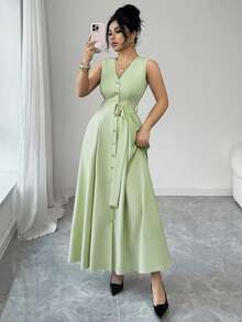 Nuevo cárdigan sin mangas con cuello en V tejido con decoración de anillo metálico para mujer, elegante vestido largo ajustado y versátil - verde menta - Ver 2