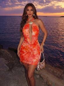 Allurite Women's Burnt Orange Summer Matrix Techno Club Night Dance Rave Mini Dress,Halter Plunging Neck Metal Shell Open Back Crystal Beaded Pendant - Burnt Orange - View 5