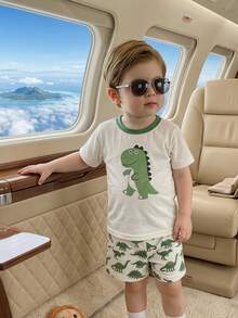 SHEIN Vintaside Kids 2pcs Baby/Baby Boy Ribbed Contrast Color Top And Blue Pants Set, Comfortable All-Match Casual Outfit Suitable For All Occasions In Summer - Green - View 8