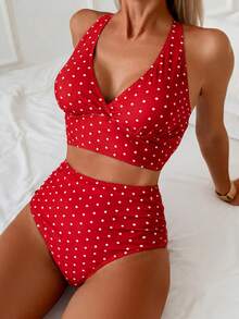 Swim Basics 2025 Women's Summer Beach Vacation Leopard Print V-Neck Tankini Bikini Set - Multicolor - View 3