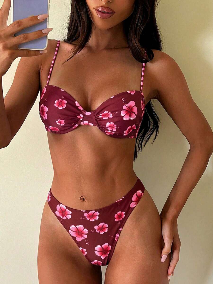 Swim Mod 2026 Spring/Summer New Floral Print Sexy Backless Women's Spaghetti Strap Bikini Two Pieces Swimsuit Set - Multicolor - View 1