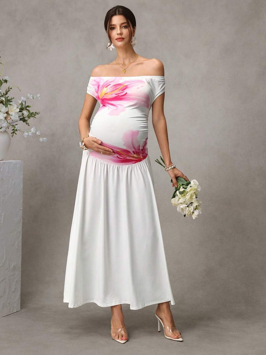 Momance Đầm bầu dáng chữ A ôm sát, hở vai, in kỹ thuật số - trắng - Xem 1