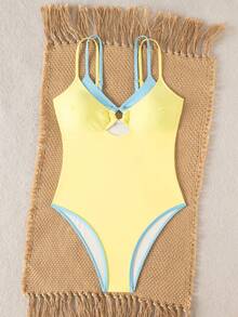Swim Mod Áo tắm liền thân kẻ caro dành cho nữ, dây mảnh, thích hợp cho kỳ nghỉ biển mùa xuân/hè. - Màu vàng - Xem 6