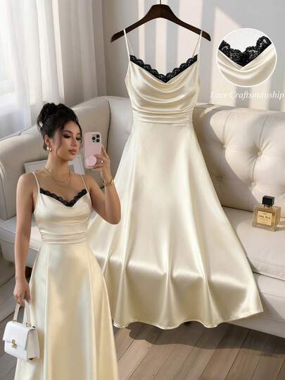 GlowEve Đầm nữ, Đầm hè nữ, Đầm hai dây nữ, Đầm ôm nữ, Đầm hở lưng nữ, Trang phục hẹn hò nữ, Đầm xếp ly bên hông nữ, Đầm nữ tính, Đầm vải dệt kim trơn nữ, Đầm dài ngang gối nữ, Đầm cổ chữ V sâu nữ, Đầm ren tương phản nữ, Đầm thanh lịch nữ, Trang phục dự tiệc nữ, Đầm dạ hội nữ, Trang phục dự tiệc nữ, Đầm màu sâm panh nữ, Thích hợp cho Ngày Valentine, Tiệc tùng, Dạ hội, Gặp gỡ, Hẹn hò