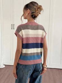 Women's Casual Contrast Color Striped Round Neck Batwing Sleeve Sweater - Multicolor - View 2