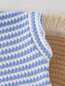 SHEIN Playful Pals Bộ áo và quần short dệt kim jacquard màu kaki cho bé gái (nhỏ), trang phục thường ngày tối giản mùa hè. - Màu xanh lam - Xem 4