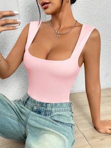 SHEIN PETITE 純色圓領背心式黑色連身內衣，小碼女款 - 淺粉色 - 查看 3