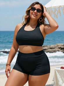 Swim SPRTY Plus Size Women 2pcs Solid Color Supportive Racerback Top With Shorts Swimwear Set - Black - View 3