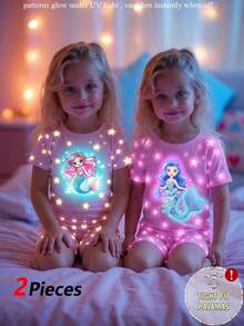 2pcs/Set Girls Toddler Spring/Summer Pink Mermaid & Star Print Glow-In-The-Dark Knit Elastic Soft Round Neck Short Sleeve Top And Shorts Pajama Set - Pink - View 7