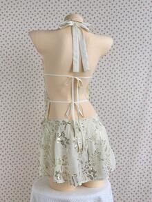 Comfortcana Vestido mini sexy con estampado floral, decoración de lentejuelas y cuello halter con lazo para mujer, ideal para vacaciones y citas - Albaricoque - Ver 2