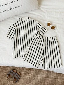 SHEIN 2pcs Young Boys' Spring/Summer Casual Striped Short Sleeve Shirt And Shorts Set, Vacation Style Outfits - Black and White - View 2