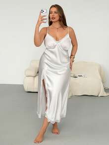 Auralis Plus Size Deep V-Neck Lace Patchwork Faux Silk Backless Long Nightgown White Dress For Women White Lace Trim For Women Sleepwear White Stain Dress For Summer - White - View 4