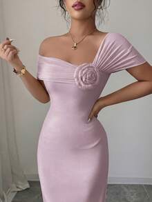 Modelyn Spring/Summer Off-Shoulder Floral Bodycon Dress, Elegant & Slimming - Mauve Purple - View 4