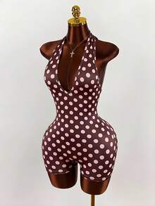 Amplova Bộ jumpsuit nữ màu vàng đen chấm bi, kiểu cổ yếm buộc dây sau lưng, ôm sát gợi cảm, họa tiết chấm bi retro Y2K, chi tiết nhún bèo dễ thương ở phía sau. - Màu Đỏ Sâu - Xem 7