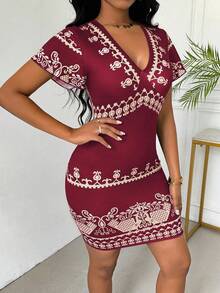 VaVaBold Đầm ngắn nữ cổ chữ V in họa tiết lá cây, thích hợp cho các buổi tiệc, đi chơi. - Màu Đỏ Sâu - Xem 5