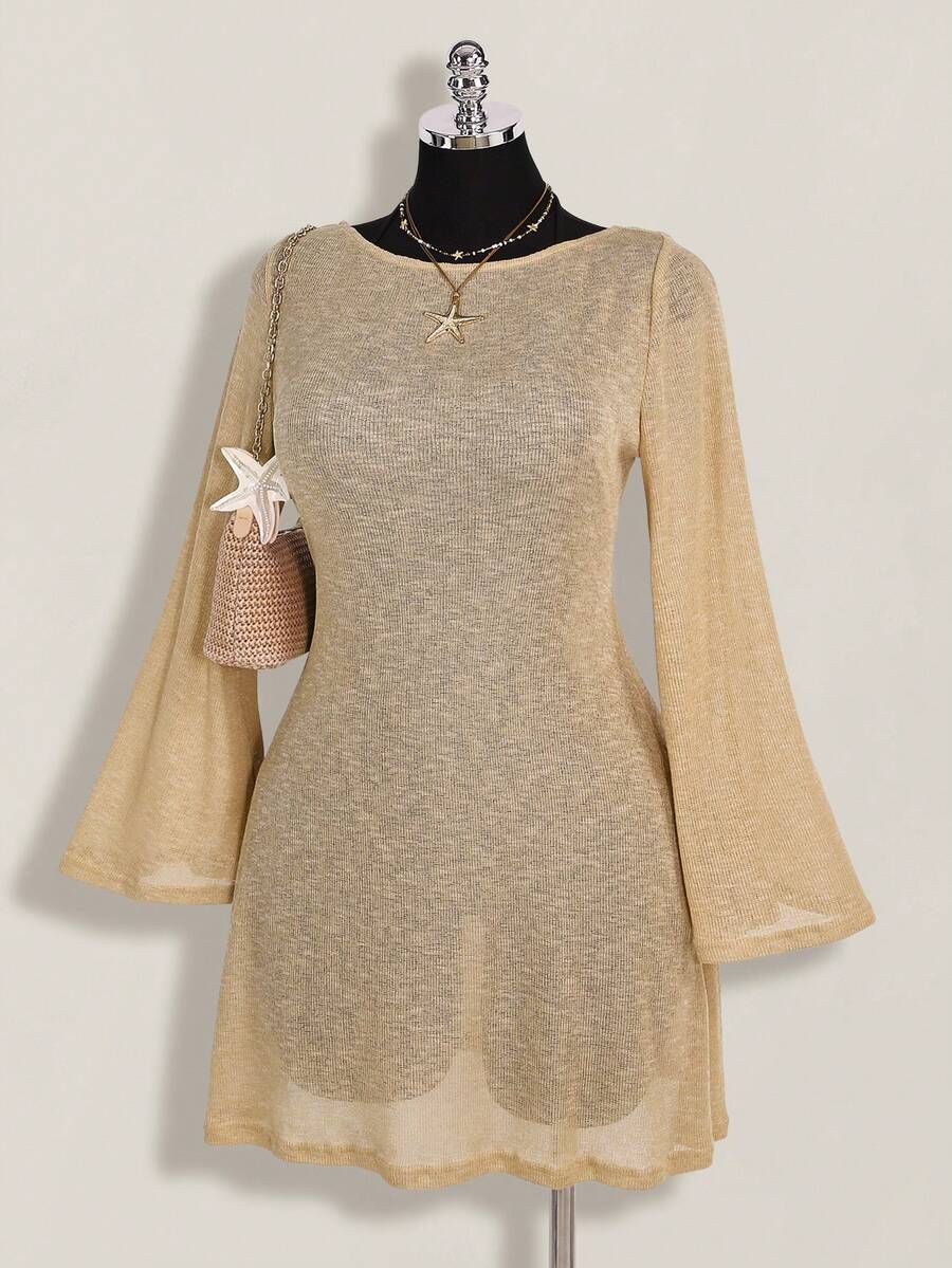SHEIN ICON 大码女士沙滩度假喇叭袖薄纱罩衫 - 卡其色 - 查看 1