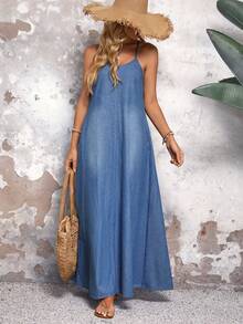 EMERY ROSE Solid Color Spaghetti Strap Casual Loose Denim Dress With Pockets, Autumn Vacation Light Blue - Blue - View 6