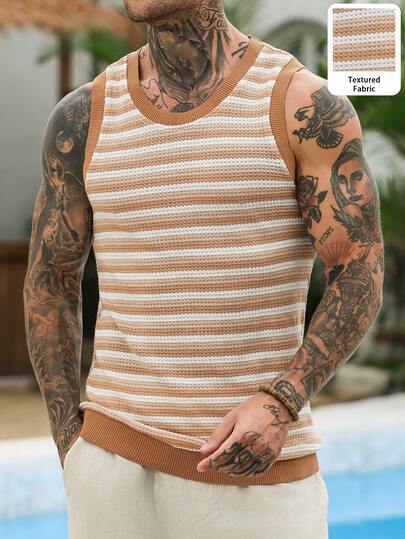 VENTUSAIL Men's Fashionable Versatile Striped Crew Neck Tank Top, Suitable For Daily Wear