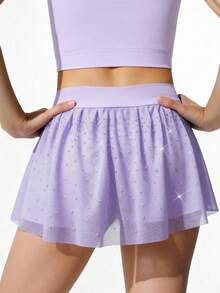 SHEIN Tween Girls Clothes ' Sports Mesh Rhinestone Fashionable Skirt, Cute, School, Back To School - Purple - View 2