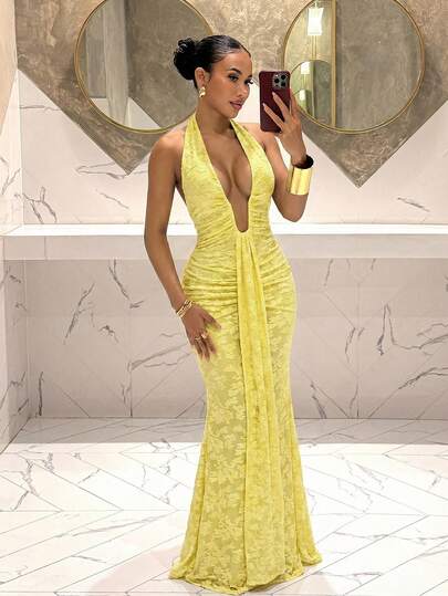 Slaydiva Đầm đuôi cá cổ chữ V sâu, thanh lịch, mẫu mới năm 2025, thích hợp cho tiệc tùng, sinh nhật, quán bar, hộp đêm, ngày Valentine, Halloween, Giáng sinh - Màu nâu