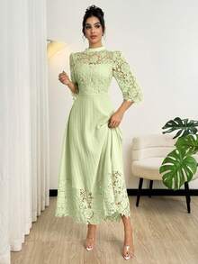 Modelyn Đầm maxi dài tay màu vàng thêu lỗ họa tiết, phối nhiều mảnh dành cho nữ - màu xanh lá - Xem 7
