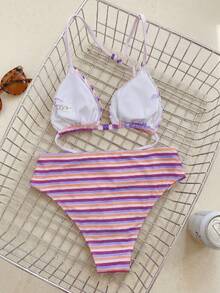 Swim Mod 2pcs Women's Beach Outfit, Fashionable Cute Sexy Tropical Vacation Pool Wear, Orange Triangle Top And Tie-Waist Bikini Bottom Swimwear Set Summer - Multicolor - View 2