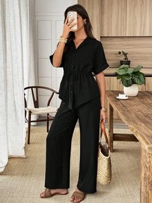 Conjunto de 2 piezas de camisa y pantalones de unicolor con cordón en la cintura, estilo casual de verano - Negro - Ver 5