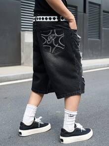 Manfinity EMRG Quần short denim đen rách họa tiết da báo phong cách thường ngày dành cho nam. - màu đen - Xem 5