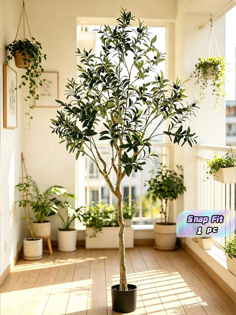 1棵仿真橄榄树，人造植物，叶子采用丝绸布料，树干采用塑料材质，内部有铁丝和铁杆，可随意造型。一棵树由多个部件组成，可根据标签上的箭头进行组装。适用于家居装饰、厨房、客厅、庭院、户外店面橱窗装饰、婚礼订婚节装饰等。 - 綠色 - 查看 1